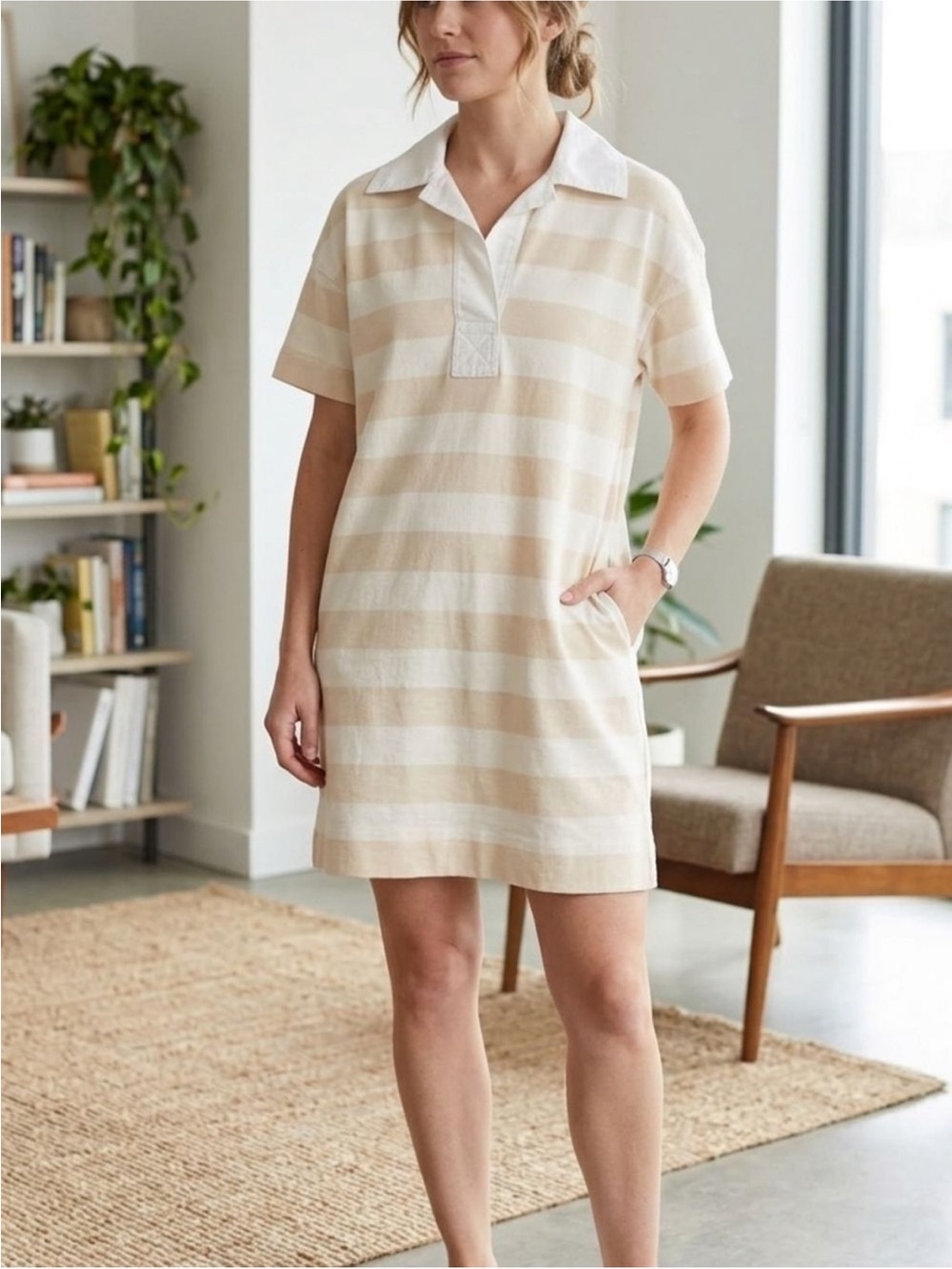 Everlane The Retro Striped Polo Jersey Mini Dress in Cream & White Size Small